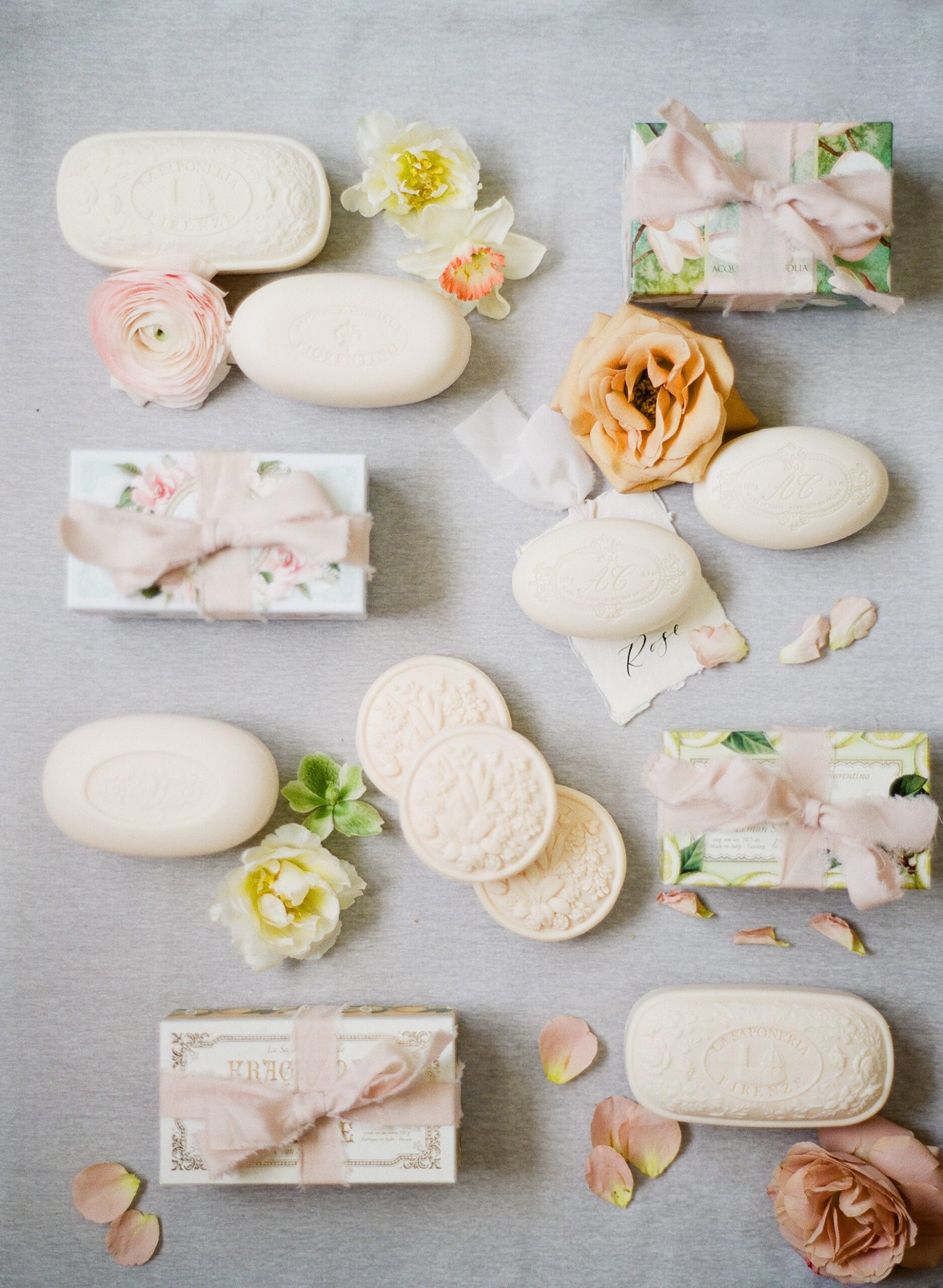 A detail shot of a business's many different soaps and packaging details for brand photography